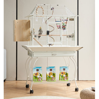 Farmhouse Iron House-Shaped Bird Cage with Rolling Stand