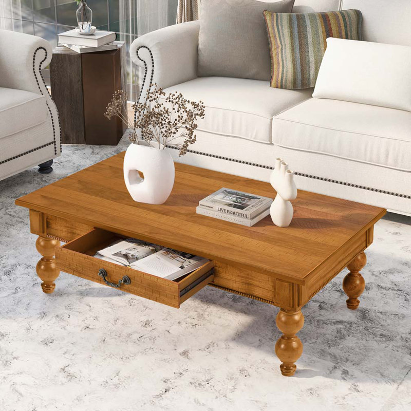 Table basse rectangulaire en bois avec tiroir de rangement, Naturel