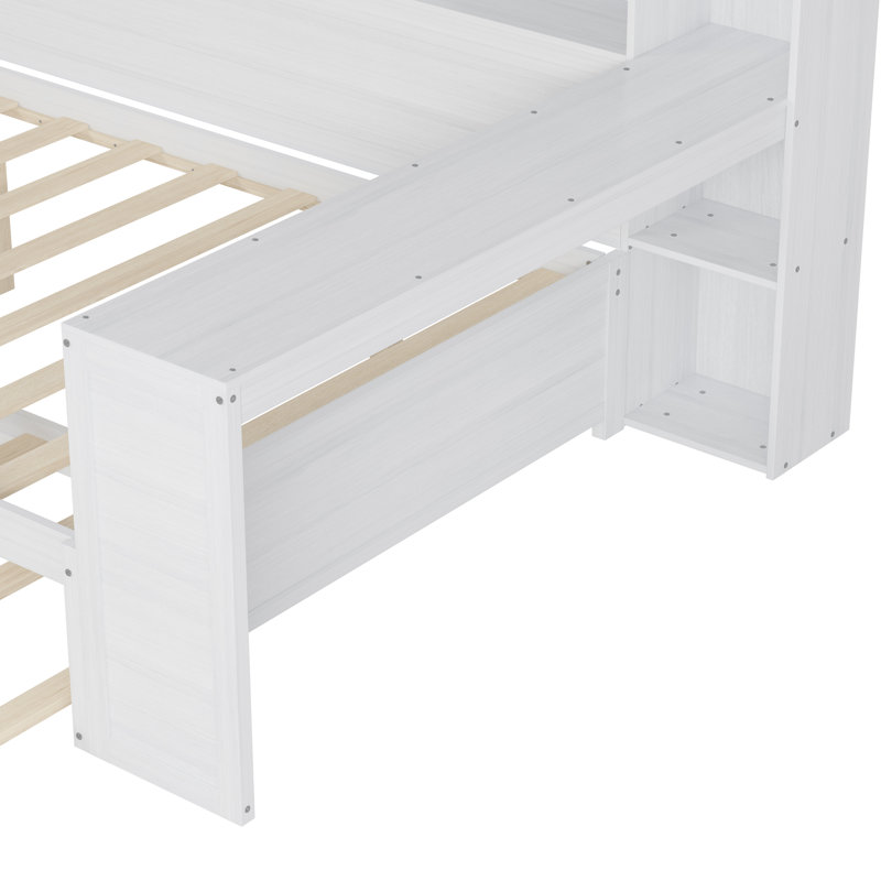 Multi-Functional Bed With Twin Size Trundle Bed And Study Desk, Antique White, Full