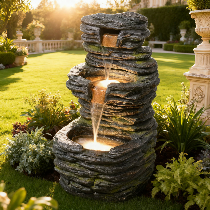  3 Tier Cascading Rock Water Fountain Outdoor Garden,28.74" H Natural Look Outdoor Fountains And Waterfalls With Led Lights For Patio, Deck, Porch, Backyard, Outside And Indoor Home Decor