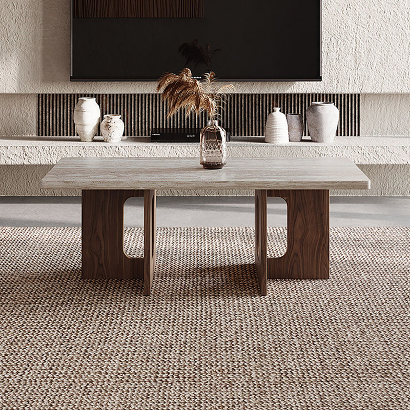 Wabi-sabi Stone Top Single Coffee Table, Nut Brown, 17.7" H x 39.4" L x 19.7" W