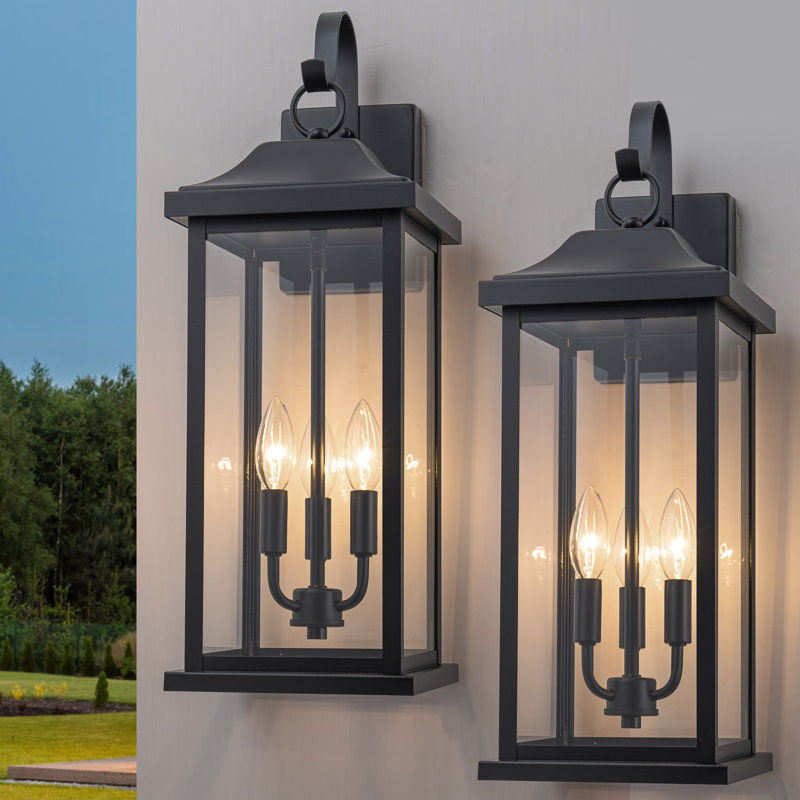 2 Pack 22” Large Matte Black Outdoor Wall Lights With Clear Tempered Glass