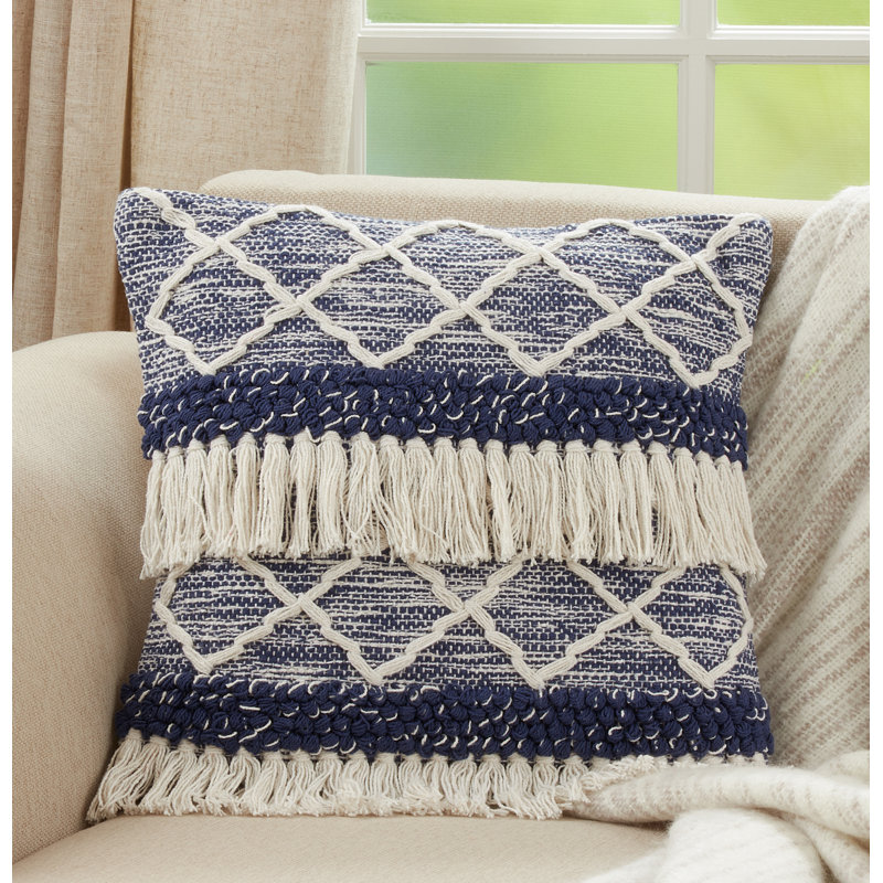 Navy and White Cotton Fringe Moroccan Square Throw Pillow