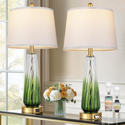 Set Of 2 Green Table Lamps With With Usb A+c Ports
