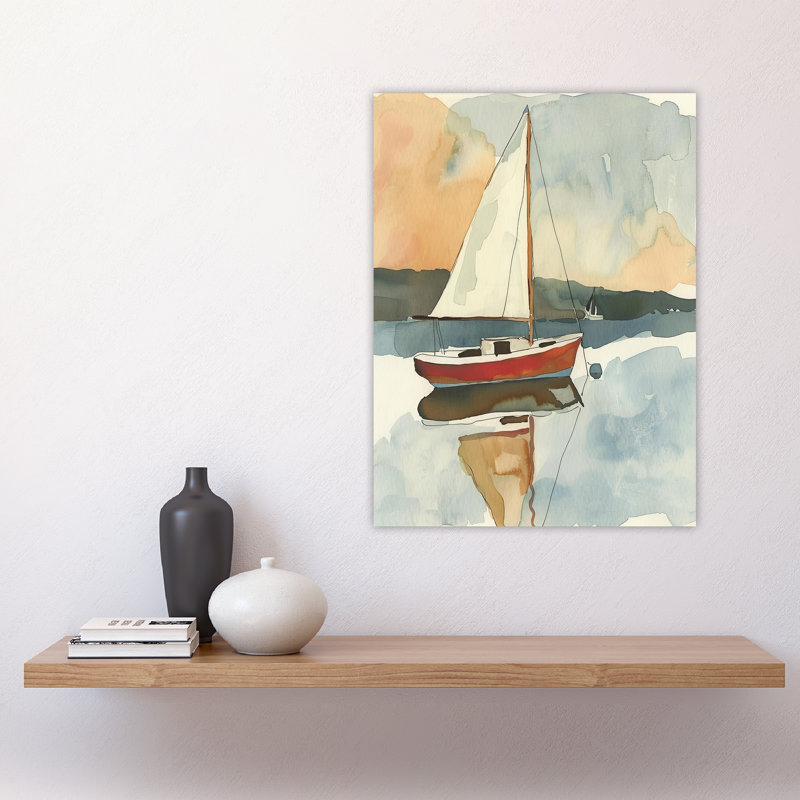 Sailboat in Tranquil Sea Harbour Watercolour Wall Art Print