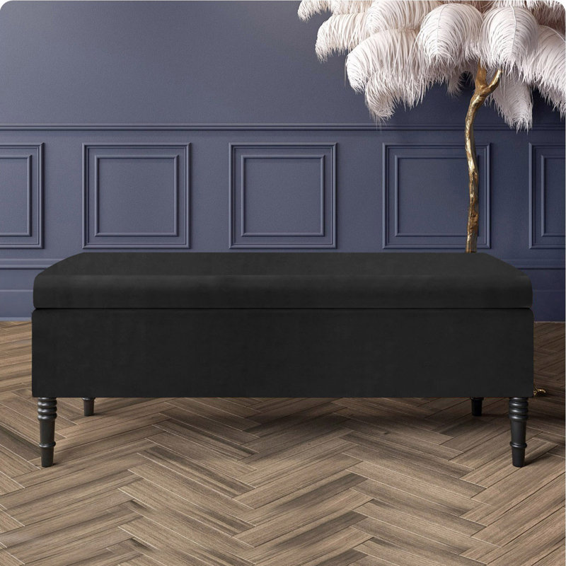 Paris Plain Ottoman Storage Bench - Plush Velvet Shoe Bench - Upholstered Footstool with Storage, Black Plush Velvet