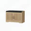 Banc de rangement pour hall d'entrée avec portes doubles, coussin confortable et lattes verticales-133348741-133348744