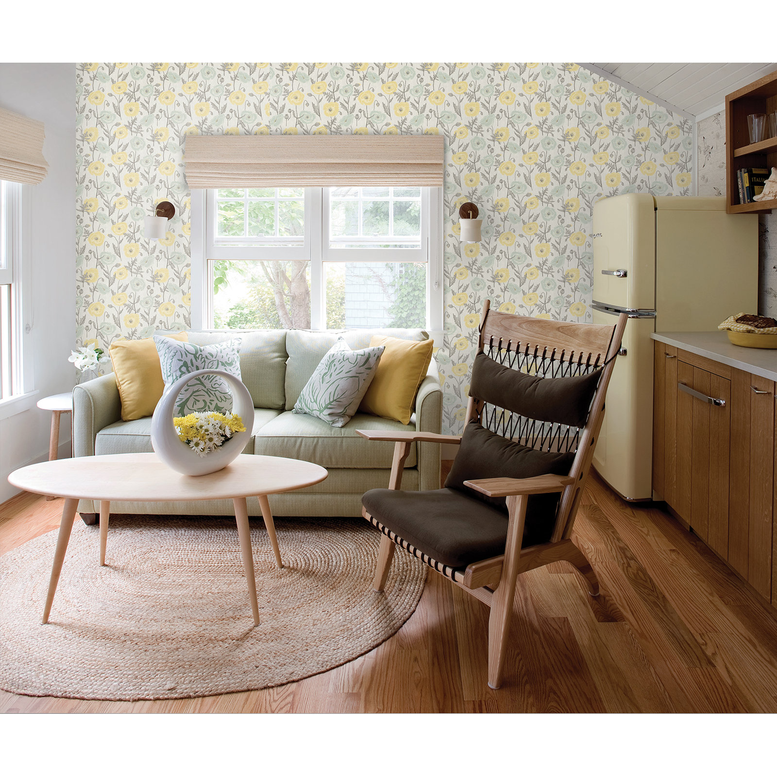 Kerin Peel & Stick Floral Wallpaper, Yellow/Aqua