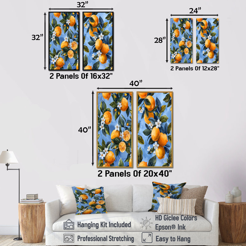 Ensemble de 2 pièces d'art jaune jaune et bleu avec motif de citronniers, Ne s’applique pas, Toile tendue sur cadre