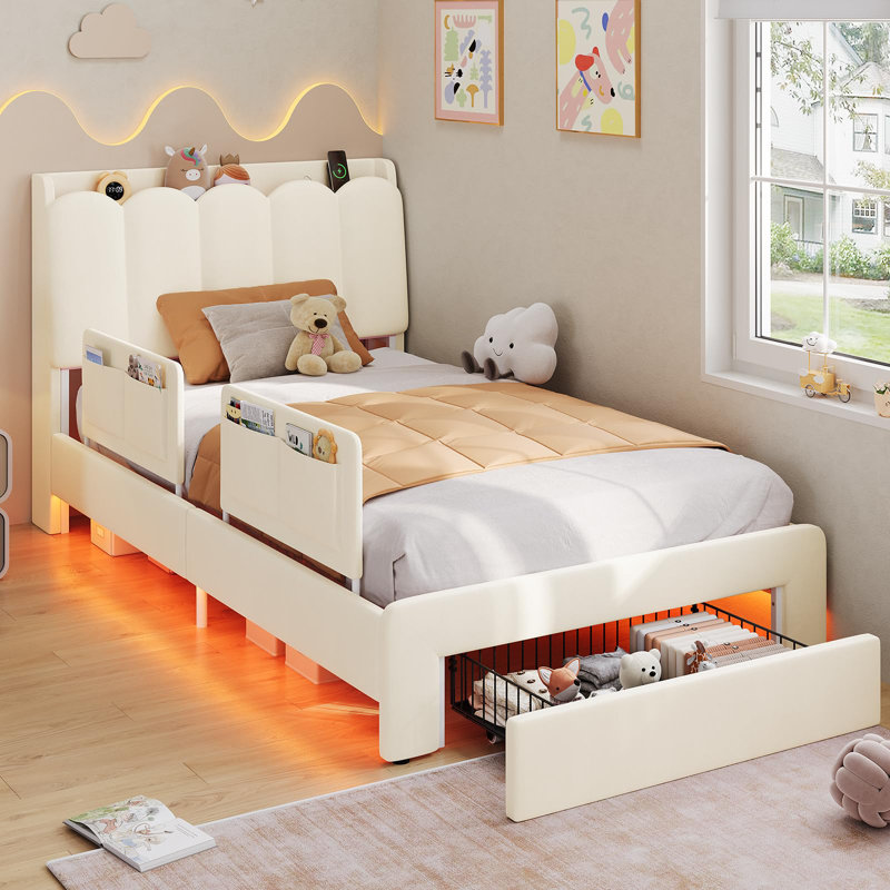 Twin Size Upholstered Led Princess Bed Frame With Storage Drawers, Safety Rails, Charging Station, Heavy-duty Metal Stand, Beige