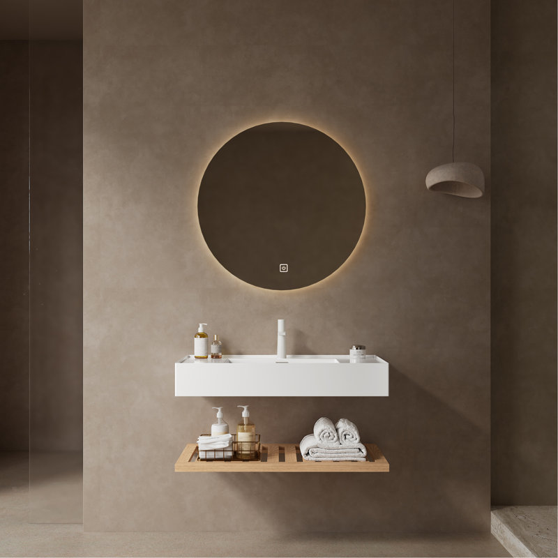 Meuble-lavabo de salle de bain avec lavabo vasque, lavabo intégré mural flottant rectangulaire en acrylique sans robinet, étagère rayée