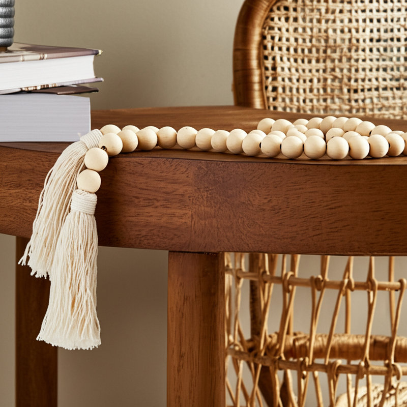 Hedvika Decorative Wood and Macrame Bead Strand with Tassels - Modern Handcrafted Accent Piece, Brown