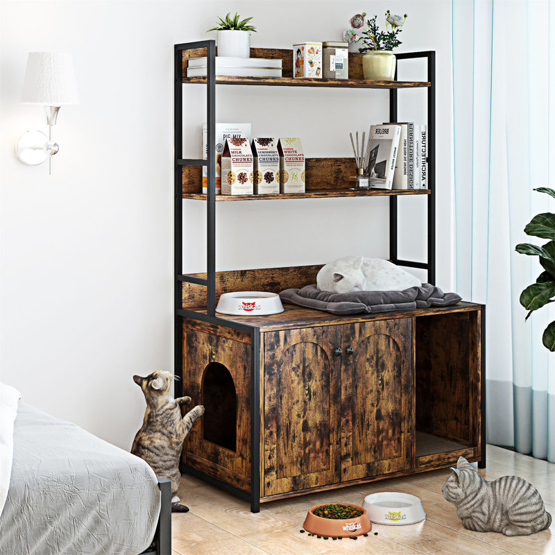 Armoire en bois pour chat avec 2 portes, rangement et tablette à gratter, Brun