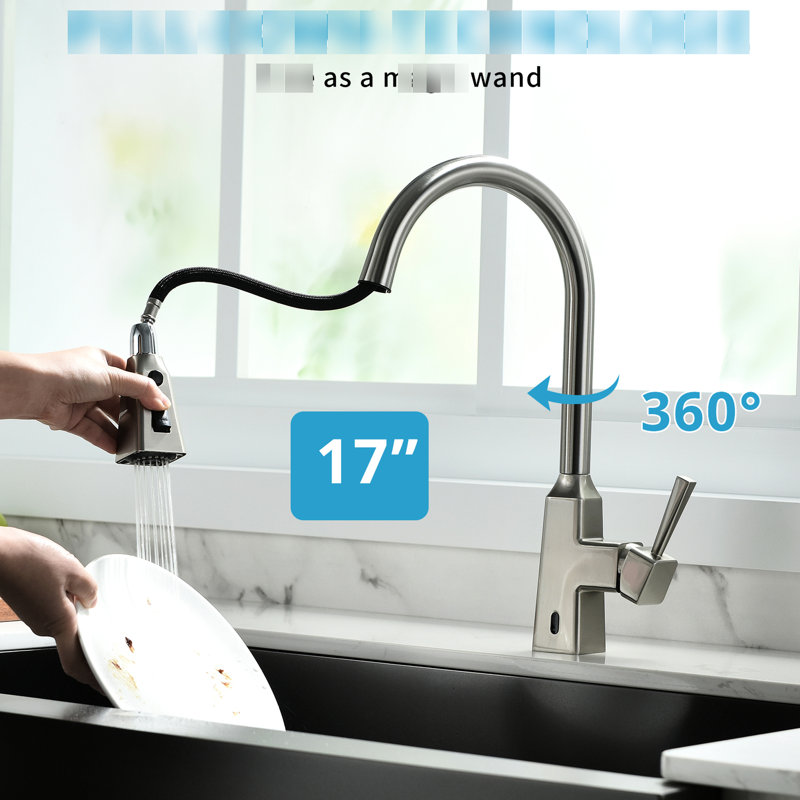 Robinet de cuisine automatique automatique - Détecteur de mouvement sans contact activé au look moderne, nickel brossé, céramique, laiton