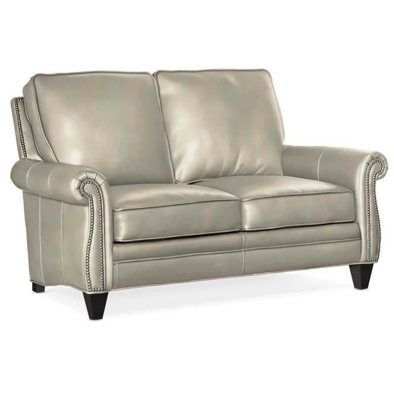 Reddish Leather Loveseat, Plantation, #9 Pewter, Anilina Cacao Genuine Leather