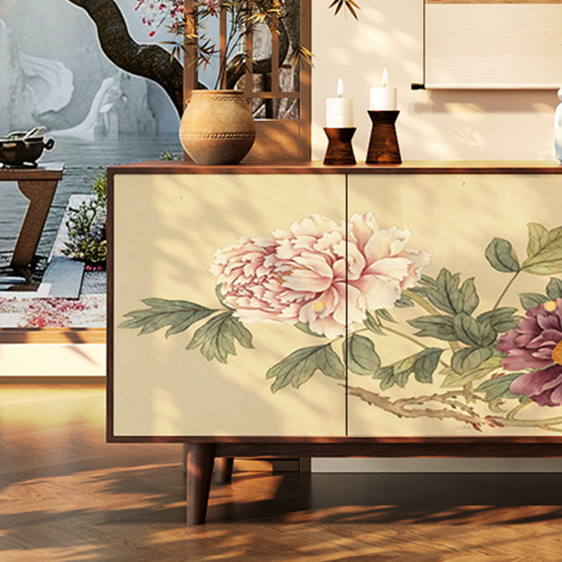 Buffet classique en bois massif à motif de pivoines, Noyer