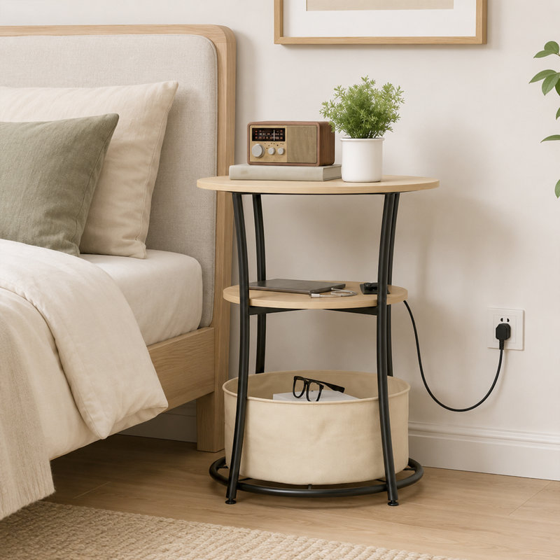 Chimme Round Side Table with Charging Station and Fabric Storage Bag