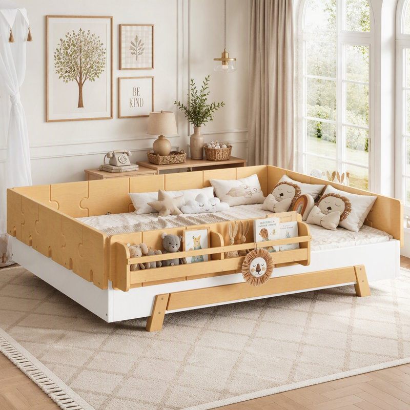 Lit sur pied avec garde-corps et tablettes, Full / Double, Natural,White