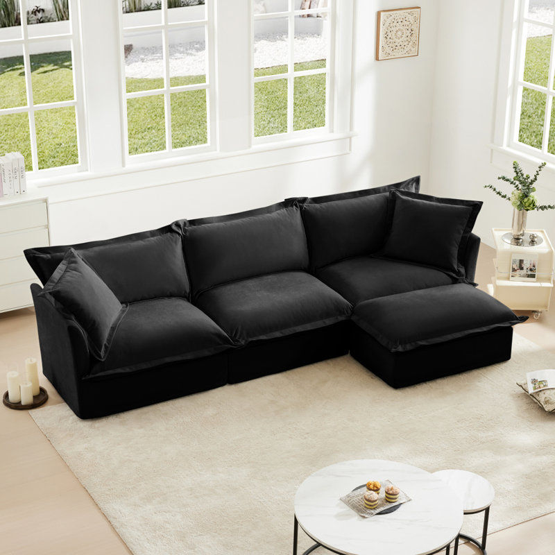 Canapé modulaire en L avec housse en L, canapé-lit en chenille profonde avec repose-pieds convertible et 2 gros coussins, canapé surdimensionné moderne à 3 places pour bureau de salon, noir