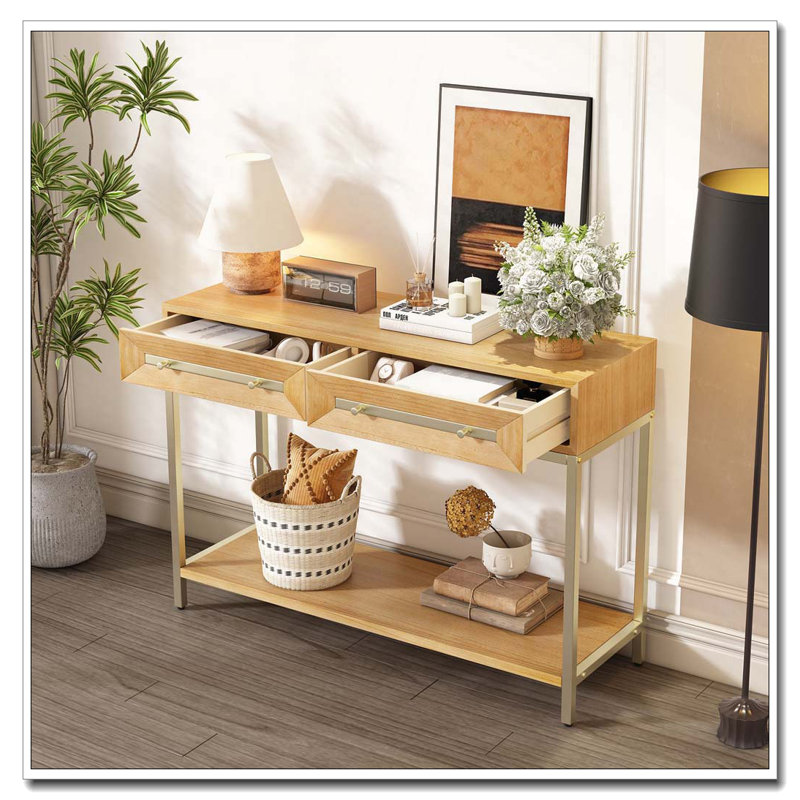 Console Table with Two Drawers, Retro Hallway Table with Striking Geometric Design for Entryway and Living Room, Natural
