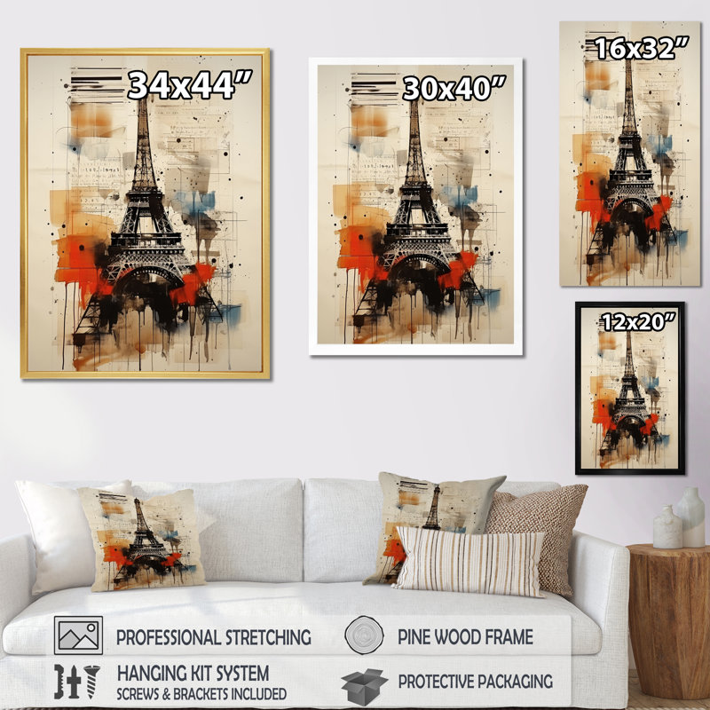 «Paris Eiffel Tower Retro Illustration», reproduction sur toile, H 44 po x l 34 po, Cadre flottant noir