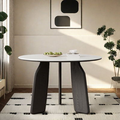 Round Oak Dining Table with Matte Slate .