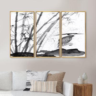 Monon héron et bambou - ensemble de 3 impressions sur toile flottante