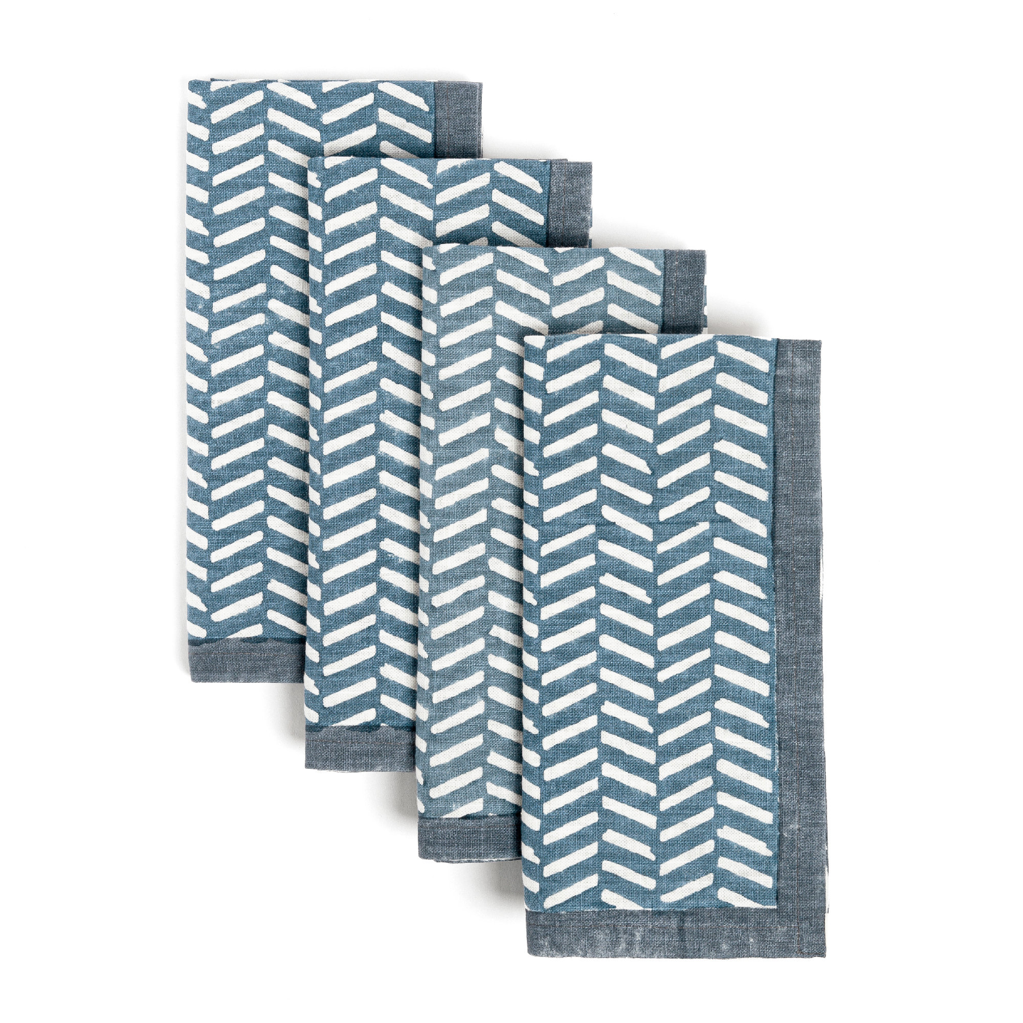 over&back Hand-Blocked Napkins, Set of 4, Blue Herringbone