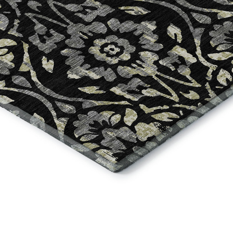 Premium Machine Washable Prisco Black Rug, Rectangle 5' x 7'6"