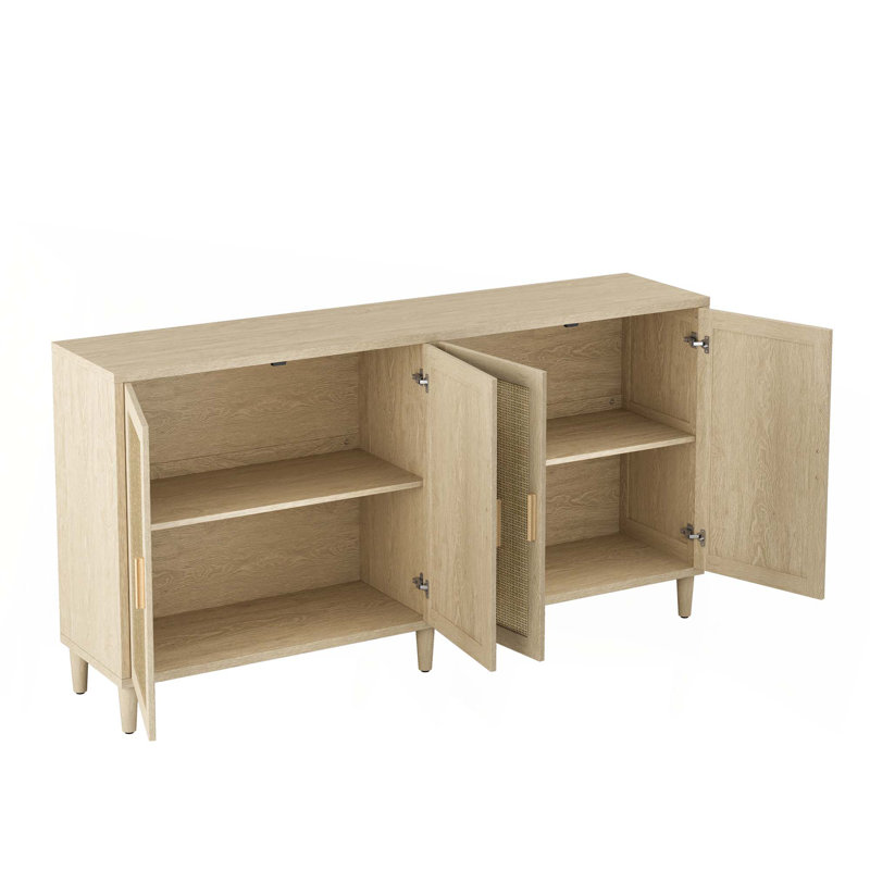 Rattan Buffet Cabinet With Storage, 4-Door Sideboard Buffet Cabinet With Adjustable Shelves For Kitchen, Living Room And Dining Room, Easy Assembly