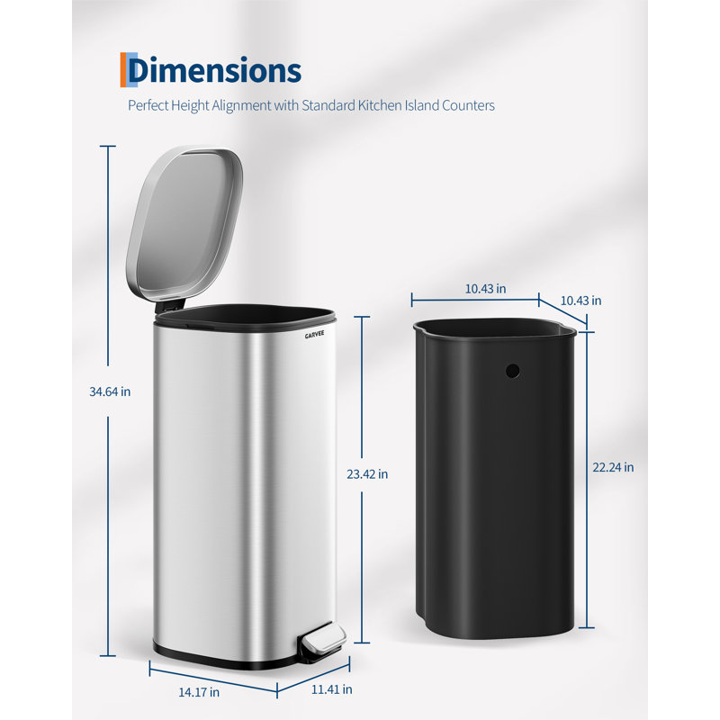 30L / 8 Gal Rectangular Stainless Steel Step Trash Can, Quiet-Close Lid with Smudge-Proof Finish, Hands-Free Foot Pedal, Home Office