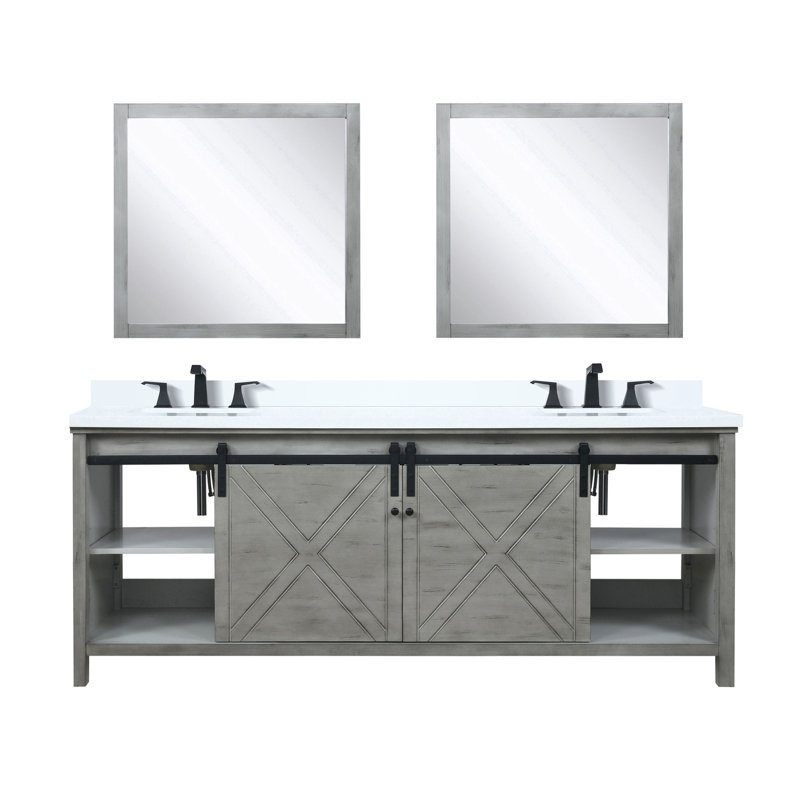 Meuble-lavabo double gris cendre 84 po X 22 po avec comptoir en quartz blanc, robinet noir mat et 34 miroirs - Robinet de salle de bain l 22 po x P 22 po inclus, teinte grattée - pour un effet hypnotisant