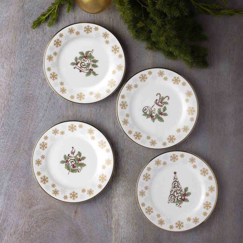 Noritake Holly & Berry Gold Set Of 4 Assorted Appetizer Plates, 6-1/4"