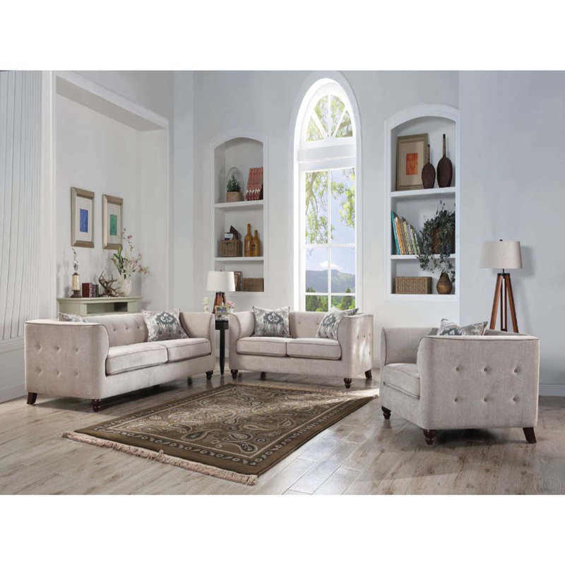 Fauteuil capitonné large brun clair Arreona, Velours beige