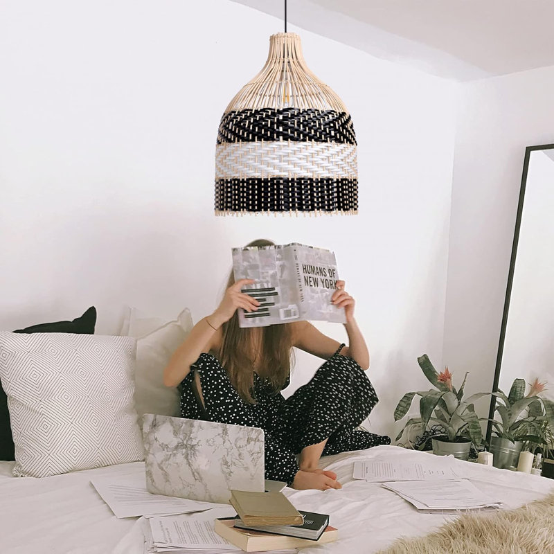 Luminaire suspendu en rotin pour îlot de cuisine, lampe de plafond moderne au design tissé noir et blanc, lustre à hauteur réglable