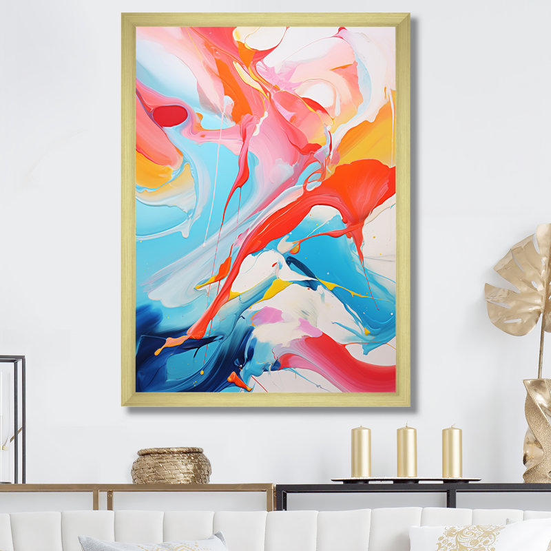«Blue An Pink Paint Storm I», art mural abstrait à l'encre liquide, Encadrement doré, H 32 po x l 16 po x P 1 po