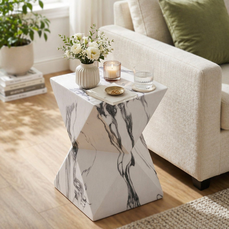 Table d'appoint géométrique en forme de sablier 18,5 "de haut H 18,5" avec finition en faux marbre, Marbre