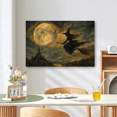 Witch Silhouette Flying Beside Giant Full Moon Above Gothic Castle Textured Oil Painting Canvas Wall Art