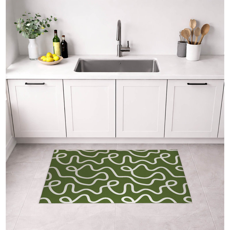 Tapis de cuisine Squig, Rectangle 5' x 7', Vert olive rayé
