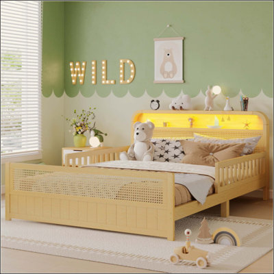 Rattan Bed Frame with LED Lights and Storage Headboard, Platform Bed with Safety Guardrails for Kids