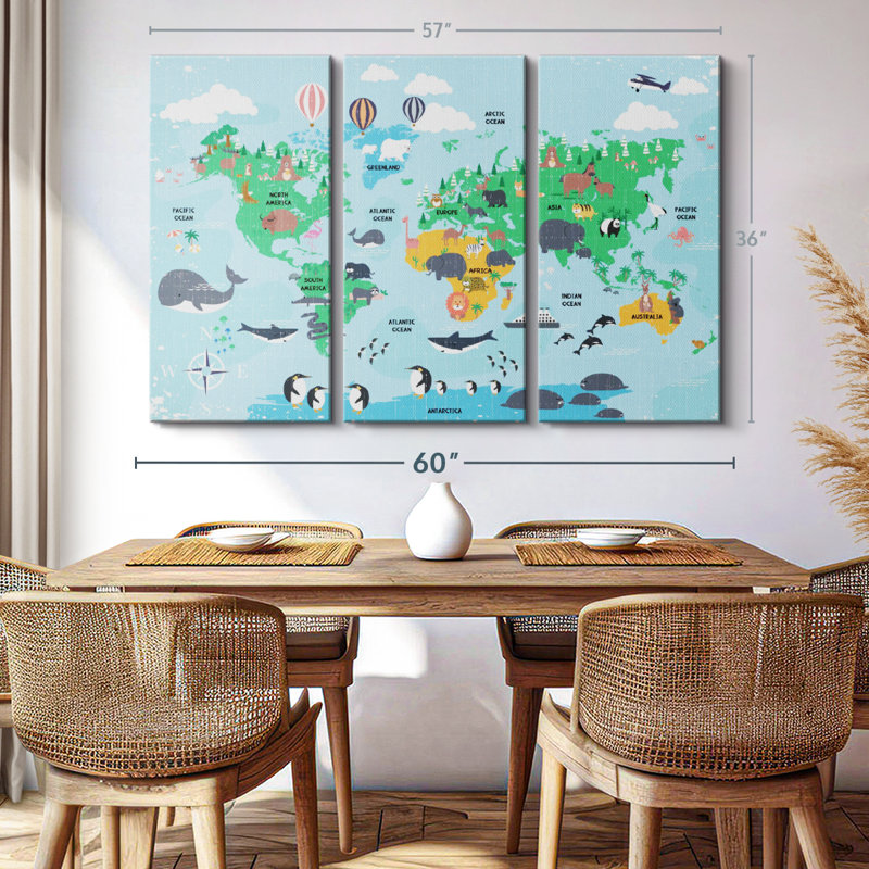 "Carte du monde pour enfants" sur toile, H 36 po x l 57 po x P 1,25 po