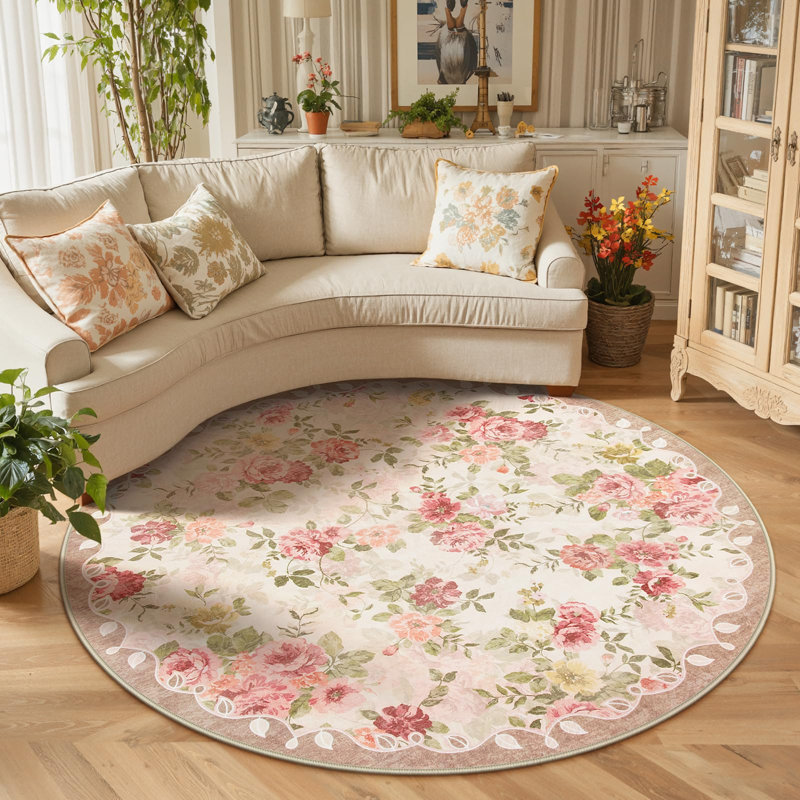 Tapis à motif floral Kaldi, Light Blue, Round 4'