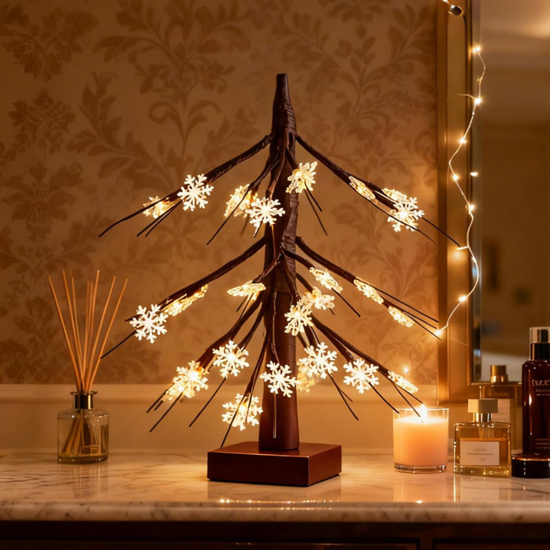 Brown Birch LED Tabletop Money Tree with Snowflake Decorations, Battery-Powered Timer for Indoor Christmas Decor