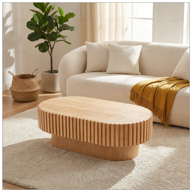 Table basse ovale, conception cannelée moderne Mid-Century avec piédestal, bois classique pour le salon et les petits espaces