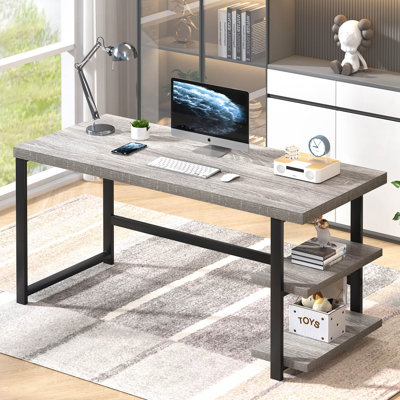 Hulste 60" Metal Base Writing Desk with Storage, Light Grey