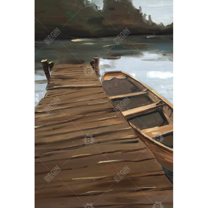 Lac, quai et bateau - Toile encadrée, H 36 po x l 24 po