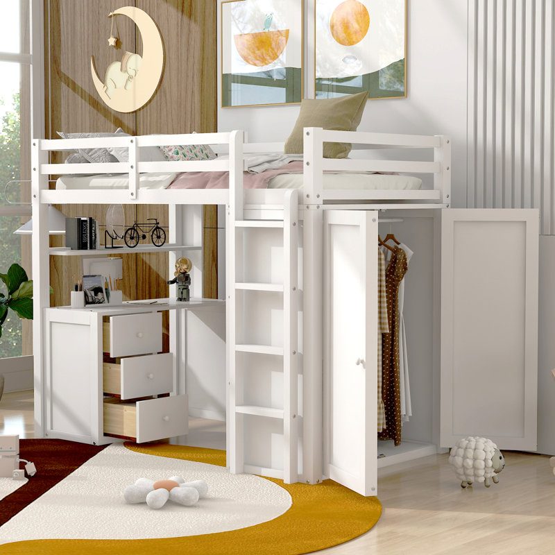 Lit mezzanine simple avec tiroirs, bureau et garde-robe