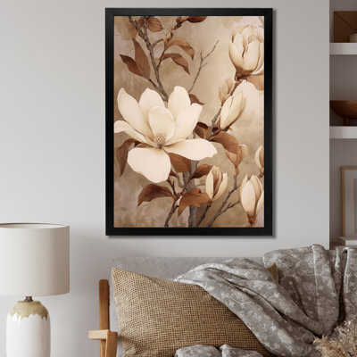 White Brown Magnolias Nature Serenity - Floral Wall Art