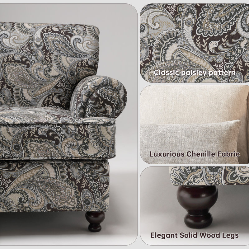 Estelle Paisley Upholstered Accent Chair, Mid-Century Armchair With Solid Wood Legs