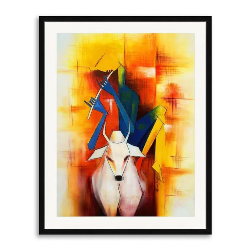 Krishna The Cowherd Print by Amar Singha, White, 22" H x 18" W, Black Single Picture Framed Paper